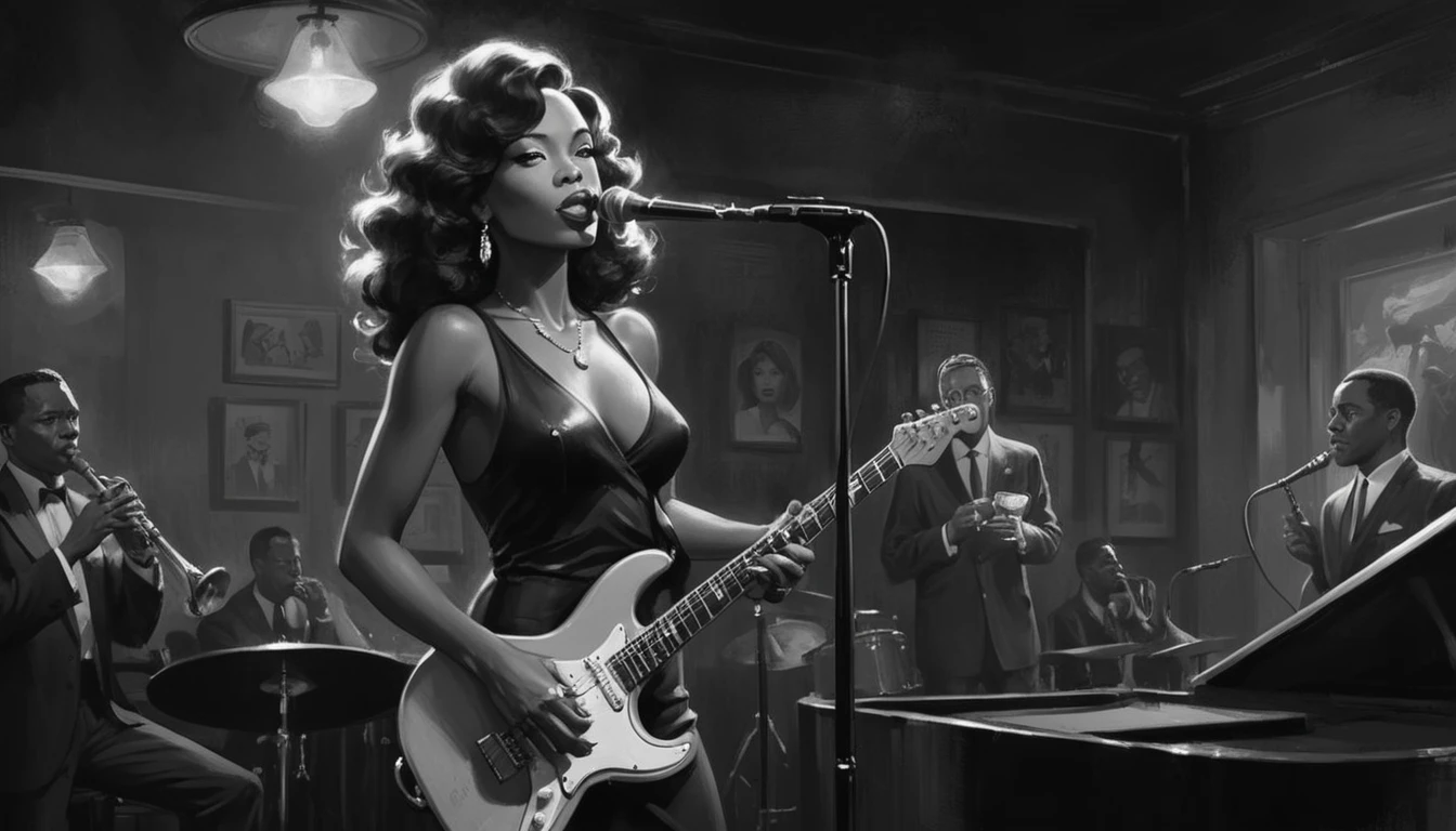 alabama bar, blue note, charismatic, baterist, guitarist, saxophonist, jazz band, bw, illustration, noir fantasy, singer lady,
