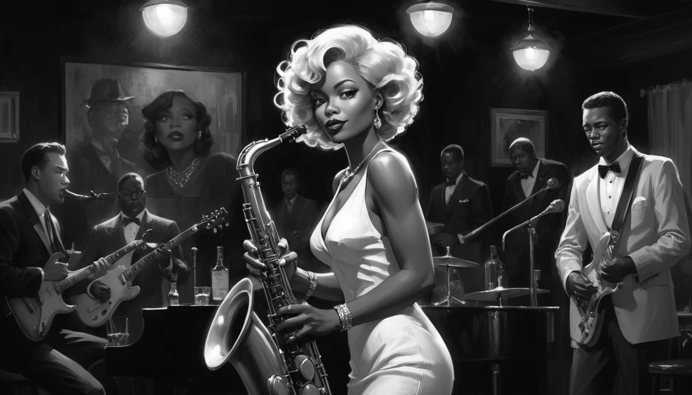 alabama bar, blue note, charismatic, baterist, guitarist, saxophonist, jazz band, bw, illustration, noir fantasy, singer lady,