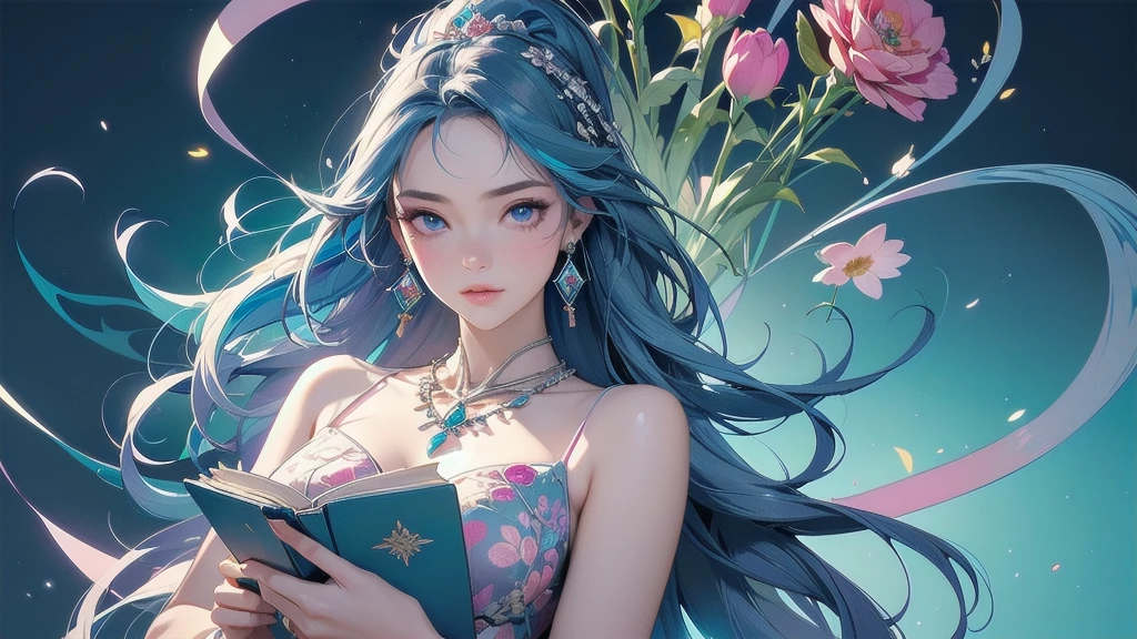 32K, 最高quality, 最高masterpiece, (ultra-Detailed Background, Detailed Background), High resolution, Super detailed, Very detailedな, One girl, (bouquet:1.3), (Tangled:1.2), (Geometric:1.2),(colorful),(masterpiece, quality, best quality, Official Art, Beautiful and beautiful:1.2), (1 girl:1.3), Very detailed,(colorful:1.1)(Flowers:1.3),Most detailed,(Tangled:1.2), whole body, (Abstract background:1.3), (Skin glows), (Many colors:1.4), ,(Earrings Jewelry:1.5), Light Blue Background, I read a book, Holding a pen,