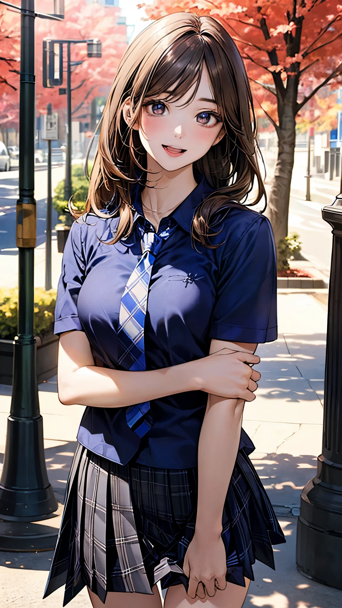 (masterpiece:1.2, top-quality), (realistic, photorealistic:1.4), beautiful illustration, (natural side lighting, movie lighting), depth of fields, nsfw,
beautiful detailed hair, beautiful detailed face, beautiful detailed eyes, beautiful clavicle, beautiful body, beautiful chest, beautiful thigh, beautiful legs,
looking at viewer, 1 girl, 12 years old, (perfect anatomy, anatomically correct, super detailed skin), cute and symmetrical face, perfect face, perfect eyes, perfect fingers, five fingers,
(long hair, straight hair, light brown hair), braided bangs, break light brown eyes, big eyes, (medium breasts, seductive thighs), perfect body, shiny skin, pink skin,
(detailed cloth texture), break (((short sleeve black collared shirt))), break (((cobalt blue plaid pleated skirt))), break (((cobalt blue plaid tie))), break
(beautiful scenery), morning, (tree-lined street:1.2), walking, (lovely smile, upper eyes, open mouth),