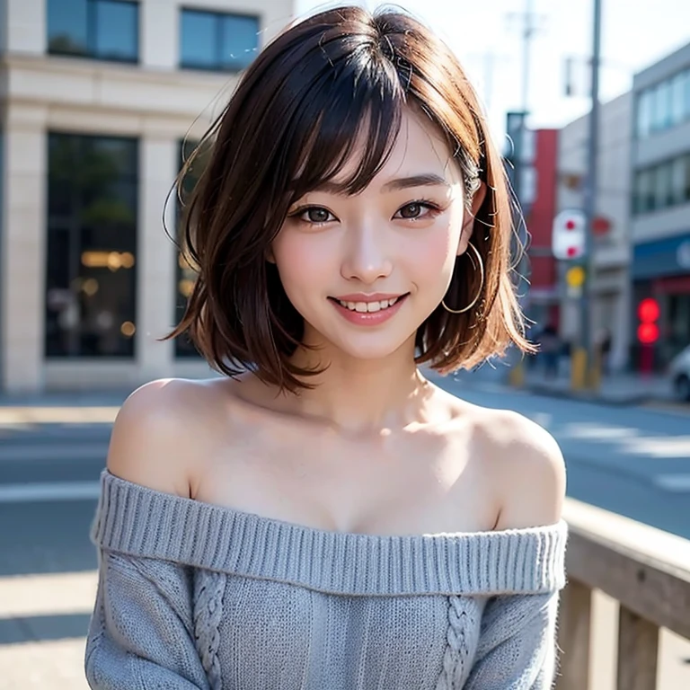 ((best quality)), ((masterpiece)), (detailed), 1girl, off-shoulder sweater, 20 year old Japanese woman、It is clean.、Beautiful skin and a well-balanced figure、cute、short hair、Beautiful blonde、Urban city、Photographed by a professional photographer、Fine skin、Show your teeth、smile、smile、Hair blowing in the wind