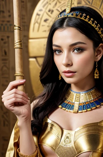 Masterpiece、wallpaper、8k、Raw photo。Beautiful photo of Vivien Leigh in ancient Egyptian costume。She looks like an ancient Egyptian queen.、Wearing a snake-shaped crown on his head、She wears a gorgeous costume decorated with gold.。She had a calm look on her face.、Holding a long stick in his right hand、In his left hand he holds a symbolic tool resembling an ankh。In the background、Ancient stone wall with Egyptian murals carved into it。overall、The gold and blue colour scheme, which is symbolic of Egyptian culture, is used.、Her dignity and mysterious aura is emphasized.。The stone wall in the background is engraved with ancient Egyptian hieroglyphics.、Her outfit features traditional Egyptian patterns.。Her hair is dark、It is finely woven、Decorated with luxurious accessories。