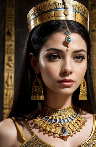 Masterpiece、wallpaper、8k、Raw photo。Beautiful photo of Vivien Leigh in ancient Egyptian costume。She looks like an ancient Egyptian queen.、Wearing a snake-shaped crown on his head、She wears a gorgeous costume decorated with gold.。She had a calm look on her face.、Holding a long stick in his right hand、In his left hand he holds a symbolic tool resembling an ankh。In the background、Ancient stone wall with Egyptian murals carved into it。overall、The gold and blue colour scheme, which is symbolic of Egyptian culture, is used.、Her dignity and mysterious aura is emphasized.。The stone wall in the background is engraved with ancient Egyptian hieroglyphics.、Her outfit features traditional Egyptian patterns.。Her hair is dark、It is finely woven、Decorated with luxurious accessories。