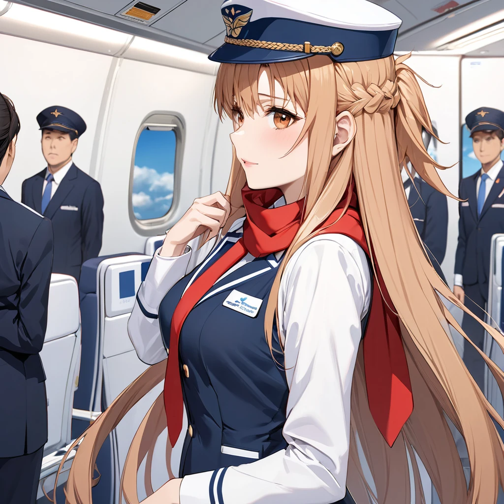 ((Highest quality)), ((masterpiece)), (detailed), (Perfect Face)、The woman is Yuuki Asuna, a flight attendant for Shandong Airlines, a Chinese woman with light brown, medium-long hair.、The woman is wearing a red Shandong Airlines flight attendant uniform, a uniform scarf and a uniform hat.