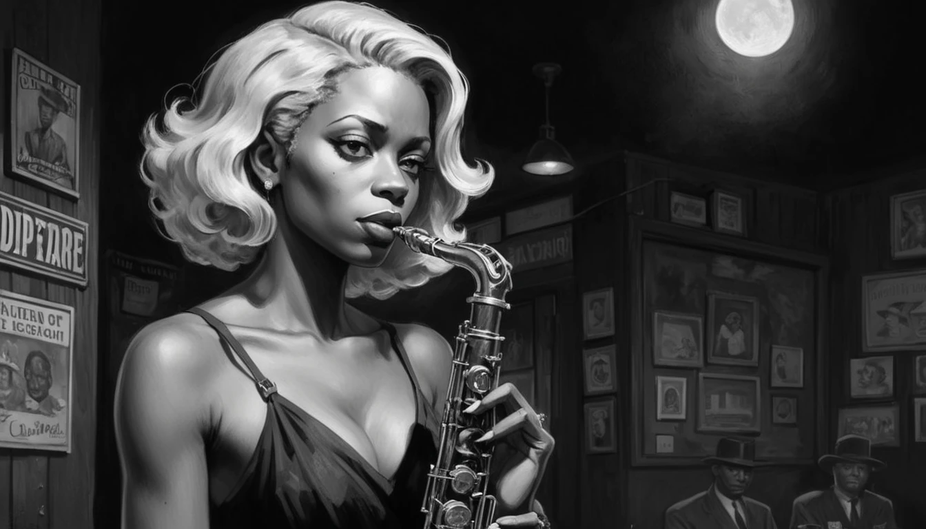 robert johnson, gritty, alabama bar, blue note, charismatic, illustration, bw, noir fantasy, lone blonde lady, saxophonist