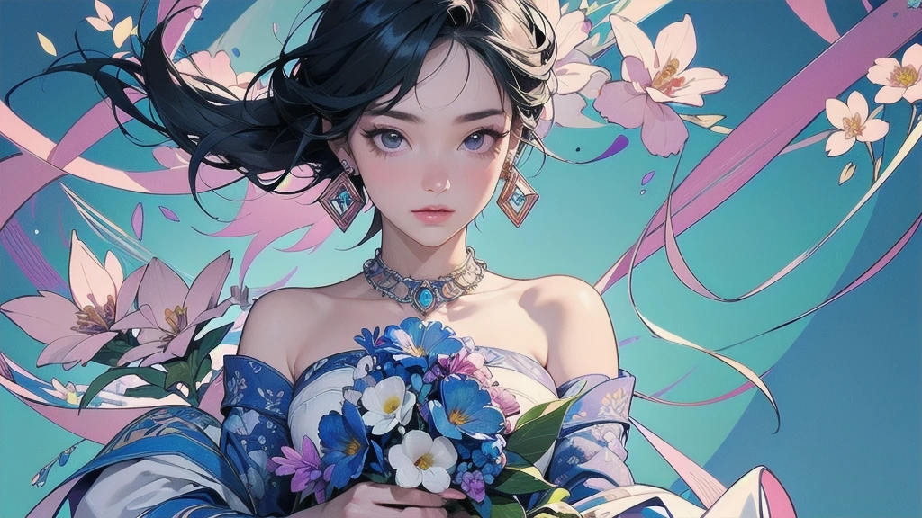 32K, 最高quality, 最高masterpiece, (ultra-Detailed Background, Detailed Background), High resolution, Super detailed, Very detailedな, One girl, (bouquet:1.3), (Tangled:1.2), (Geometric:1.2),(colorful),(masterpiece, quality, best quality, Official Art, Beautiful and beautiful:1.2), (1 girl:1.3), Very detailed,(colorful:1.1)(Flowers:1.3),Most detailed,(Tangled:1.2), whole body, (Abstract background:1.3), (Skin glows), (Many colors:1.4), ,(Earrings Jewelry:1.5), Light Blue Background, I read a book, Holding a pen,