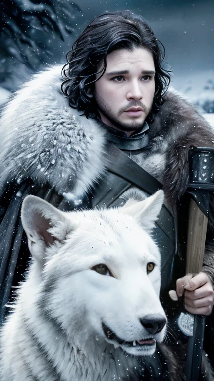 Cinematic poster of Jon Snow holding a sword, accompanied by a white wolf, in the snow. (HDR: 1.4), (cinematic lighting: 1.4), masterpiece, ultra realistic 8K, perfect art, intricate details, sharp focus, detailed face, lights and shadows, vivid colors, award-winning photography, hyperrealistic.
