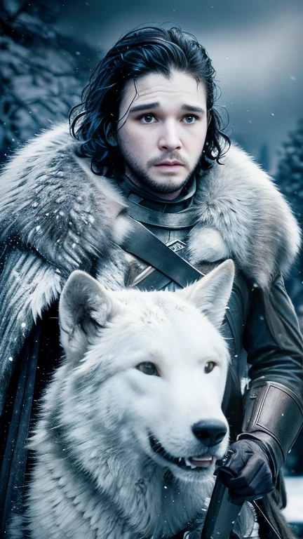 Cinematic poster of Jon Snow holding a sword, accompanied by a white wolf, in the snow. (HDR: 1.4), (cinematic lighting: 1.4), masterpiece, ultra realistic 8K, perfect art, intricate details, sharp focus, detailed face, lights and shadows, vivid colors, award-winning photography, hyperrealistic.
