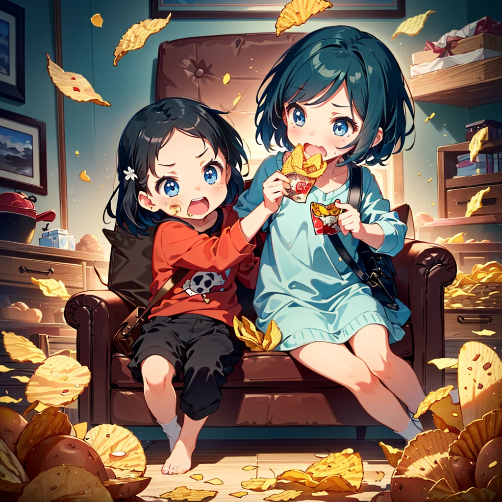 (masterpiece, best quality), best resolution, (2heads:1.5), 1girl, black hair, brown eyes, relaxed, yellow oversized t-shirt, sitting on a couch, eating pizza, slice of pizza in each hand, dark living room, tv light