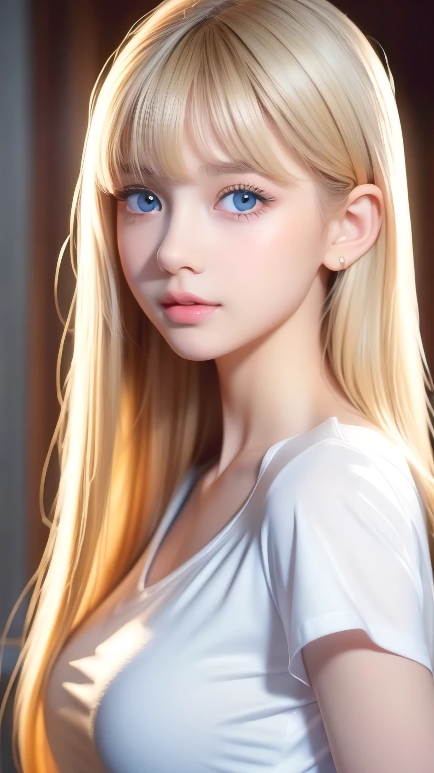 Unparalleled beauty, Extremely white, firm and lustrous skin, Bangs between the eyes, Bangs over both eyes、Beautiful shiny, straight, natural platinum blonde, Super long, straight, silky, beautiful blonde hair, eyeliner, A truly beautiful girl、Sexy beautiful innocent 14 years old, Beautiful, large, light blue eyes that sparkle like jewels., Beautiful and lovely girl, Baby Face, Short sleeve shirt、Large bust、Small Face Beauty、Round face、Cheek highlighter