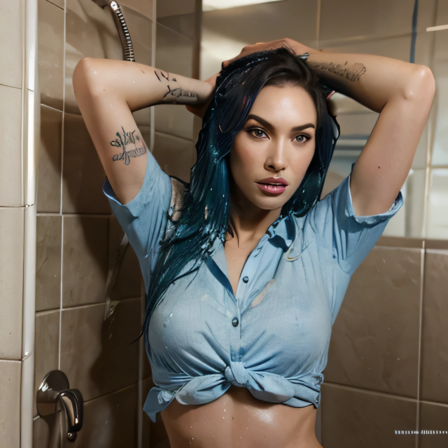 Megan Fox as long blue hair shower in shirt