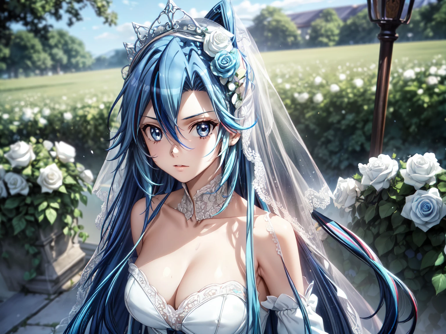 (masterpiece, best quality, beautiful and aesthetic:1.3), 1woman, solo, matured woman, (bright blue hair streaked skyblue:1.4), (Gradient blue hair ends:1.6), hair strand, absurdly long hair, single sidelock, wavy hair, shiny hair, floating hair, (deep blue eyes), delicate eyes, aqua eyes, super high detailed eyes, long upper eyelashes, makeup, Focus on face, Very detailed facial, Perfect breasts, hot body, (Delicate skin texture:1.2), bridal veil, lace-trimmed dress, see-through, wedding dress, outdoors, white roses, garden, morning, standing, extreme detailed, (A little embarrassing)
