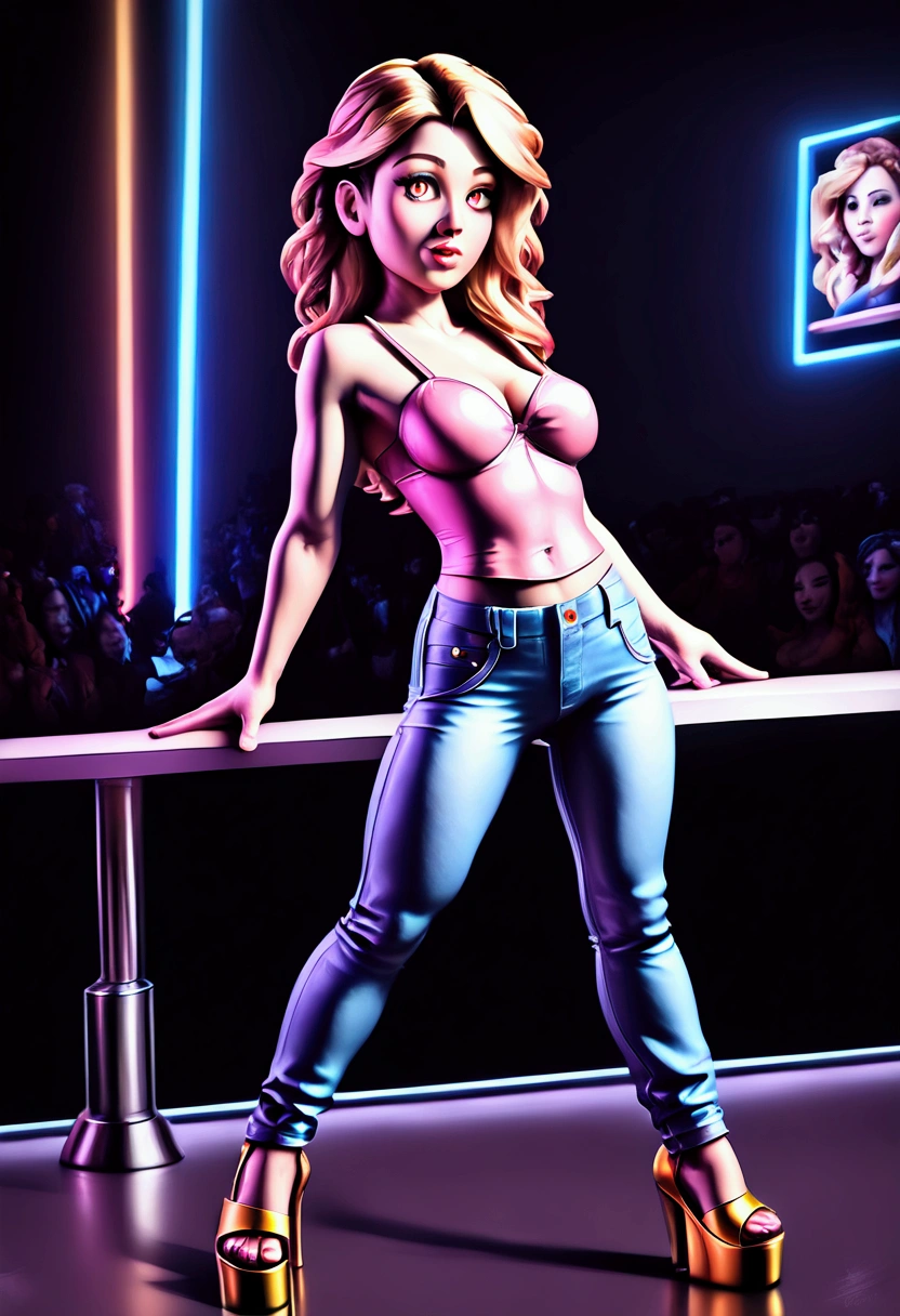 a girl dancing on a bright disco dance floor, beautiful detailed eyes, beautiful detailed lips, extremely detailed eyes and face, longeyelashes, gray and pink style outfit, bell bottom jeans, gold platform heels, dancing to music, (best quality,4k,8k,highres,masterpiece:1.2),ultra-detailed,(realistic,photorealistic,photo-realistic:1.37),vibrant colors,dramatic lighting,disco,neon lights