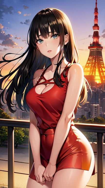 anime、(((Tokyo Tower shining in the morning glow)))、Early morning street、One Woman、Long Hair、See-through blouse、Tight Skirt、Hair fluttering in the wind、
