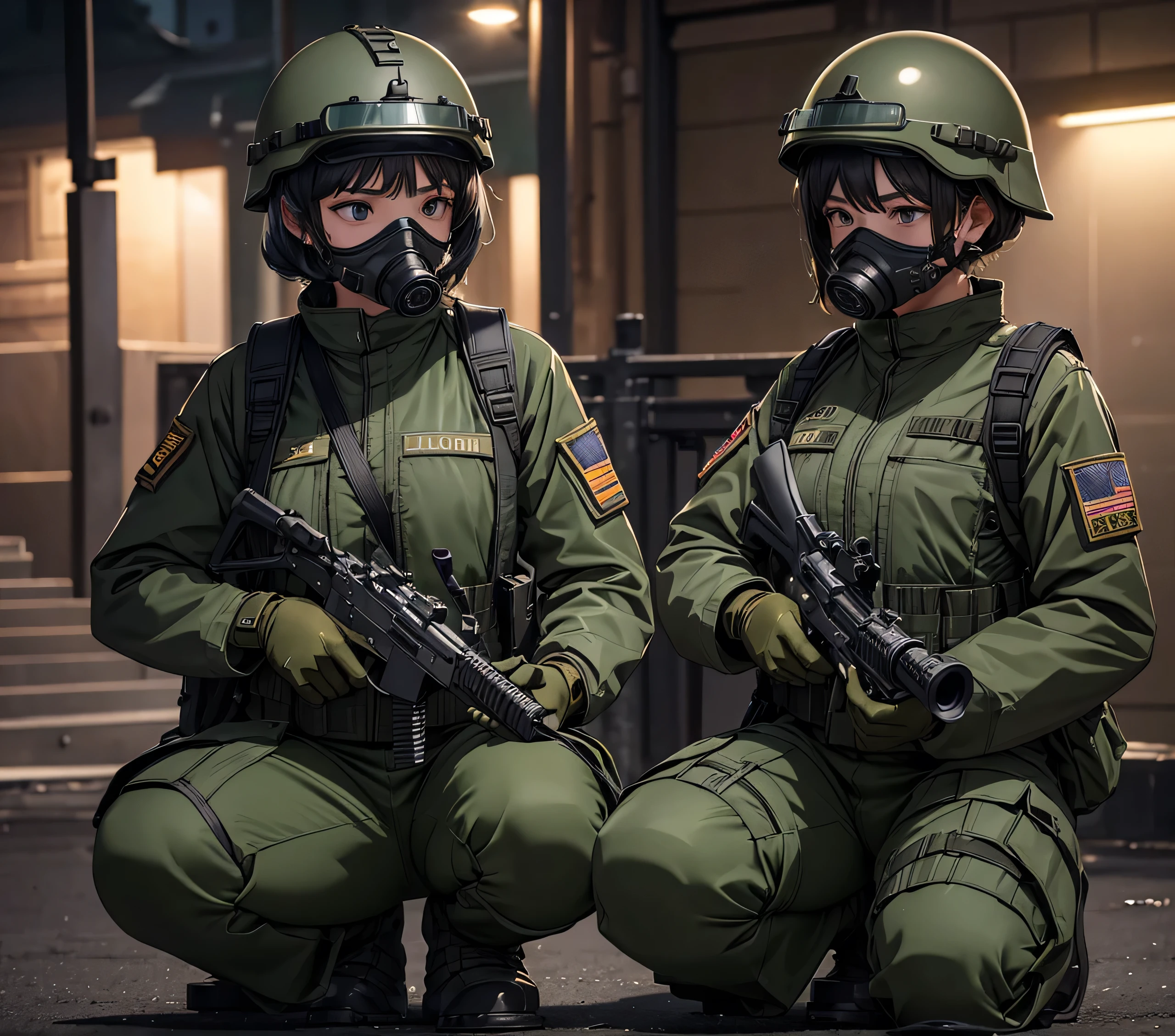 Many female soldiers standing guard at night、All wearing dark green M-51 military uniforms、Wear a steel helmet、Wear goggles、wearing gas masks、Knee pads、Write details、masterpiece、best quality、Highly detailed CG、8K quality