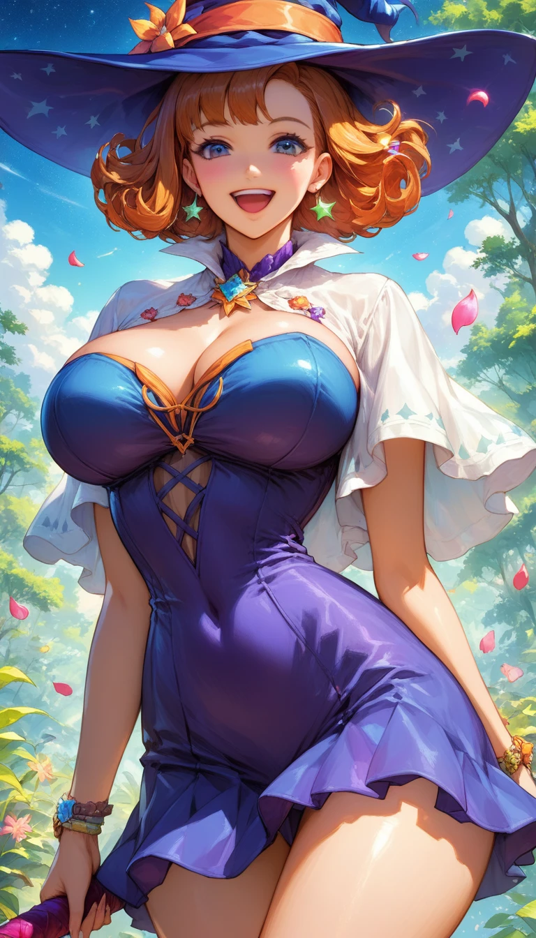 (anime art, anime styling, studio anime, very detailled, updated, Vibrant, anime coloring, hight contrast, work of art:1.2, best qualityer, better aesthetics), (1 girl), Color Connections, colors, esquema de cores Vibrants, colorsda, mancha colorsda, NSFW, (portraite, cowboy shot), sensuous, in the deep forest, Dance, (Big Breasts 1.2), crooked, (Bewitching woman), (smile and laugh:1.2), fantasy starry sky fairy, fantasy starry sky fairy,Falling petals, shining stars,