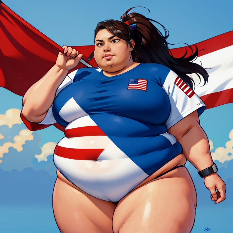 Native fat Woman body plus usa superhero fat suit usa clothing red blue and white clothes Flag of usa long mohawk  hair brown skin black hair 