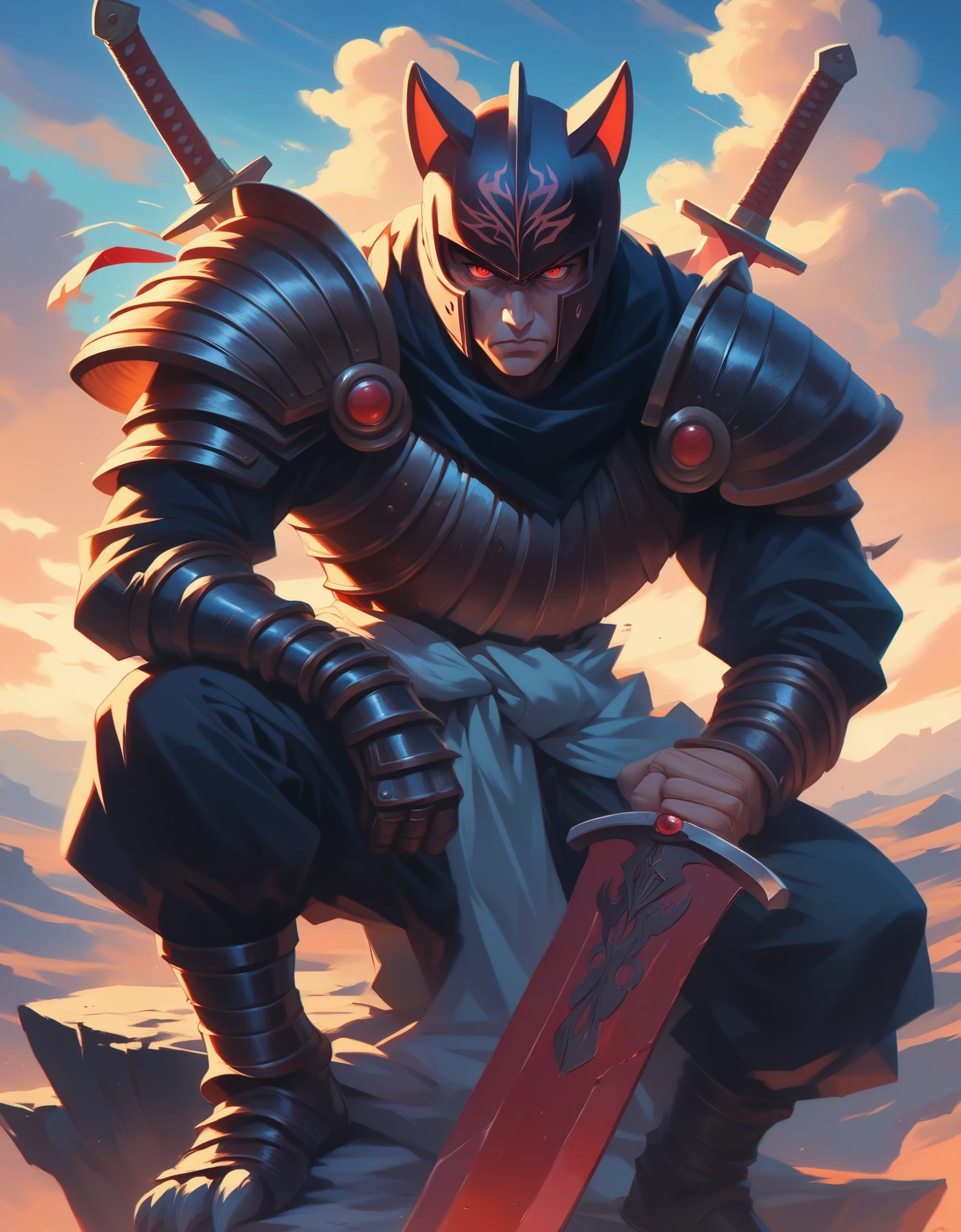 Digital painting featuring a dark, fantasy-themed scene with anatomically correct human Guts berserk proportions, inspired by the style of Kentaro Miura, with a Seinen manga aesthetic. The layout is vertical, with the central subject being a humanoid figure in highly detailed, elaborate, dark armor, perched on a jagged rock formation. The figure has a wolf-like helmet with glowing red eyes and is holding a large, menacing sword over its shoulder. The armor is intricately detailed with sharp, angular designs and a fur-like texture around the shoulders and waist, showcasing a high level of realism. The background is a dramatic, stormy sky with hues of red, purple, and orange, suggesting a sunset or sunrise. The image is rendered in high-quality 4K resolution, with a focus on super detail and realistic textures. "Artvision1999"