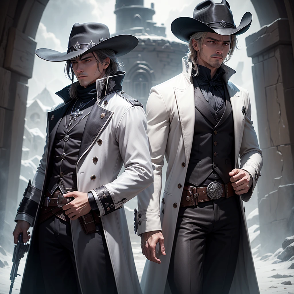 Create me an RPG character from Tormenta 20, arton, where is a gunslinger sheriff, uses two white revolvers and has a white hat, wears a black overcoat and black sheriff&#39;s clothing, has a bow hanging from his waist and on his back, showing only the handle of the weapon, has an old rifle, on his chest, similar to a sheriff&#39;s star, he has an emblem of a phoenix, His eyes are golden and his hair is almost white., has a charismatic appearance and a firm look, a slightly groomed beard as if it were being born.