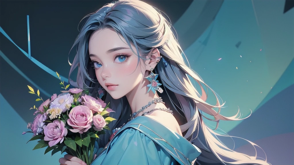 32K, 最高quality, 最高masterpiece, (ultra-Detailed Background, Detailed Background), High resolution, Super detailed, Very detailedな, One girl, (bouquet:1.3), (Tangled:1.2), (Geometric:1.2),(colorful),(masterpiece, quality, best quality, Official Art, Beautiful and beautiful:1.2), (1 girl:1.3), Very detailed,(colorful:1.1)(Flowers:1.3),Most detailed,(Tangled:1.2), whole body, (Abstract background:1.3), (Skin glows), (Many colors:1.4), ,(Earrings Jewelry:1.5), Light Blue Background, I read a book, Holding a pen,