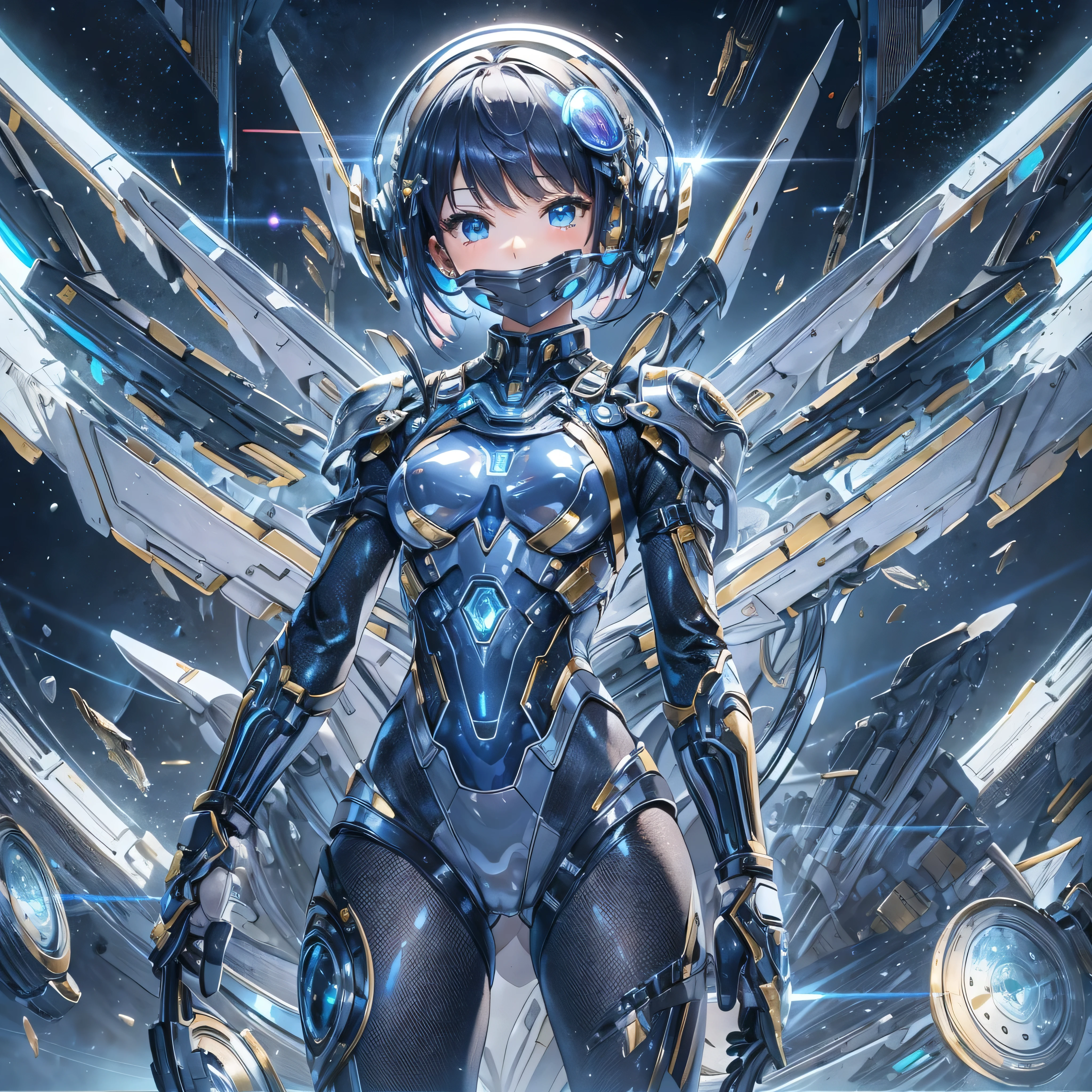 ((Holographic glow effect)),、(masterpiece、Highest quality、Highest Resolution、Clear_image、Detailed details、Angle from above): (Whole body、One 20 year old girl、Japanese Faces、Small Face、Slender、Navy blue super short bob cut hair、(Hidden small breasts:1.3)、Sparkling blue eyes、Shiny pilot suit in blue and black colors、Chest protection armor、Tight fitting clothes、Clothing that covers the whole body、Glamorous clothes、Tight Fit Pants、Hide your skin、Very delicate and beautiful、Detailed Skin、hide thighs、Hide your ass、Cute、A gentle smile、Soft expression、heroine、headset、Knee-high boots、Elbow-length gloves、Eye Level Shot、Face directly、Woman on a spaceship)
