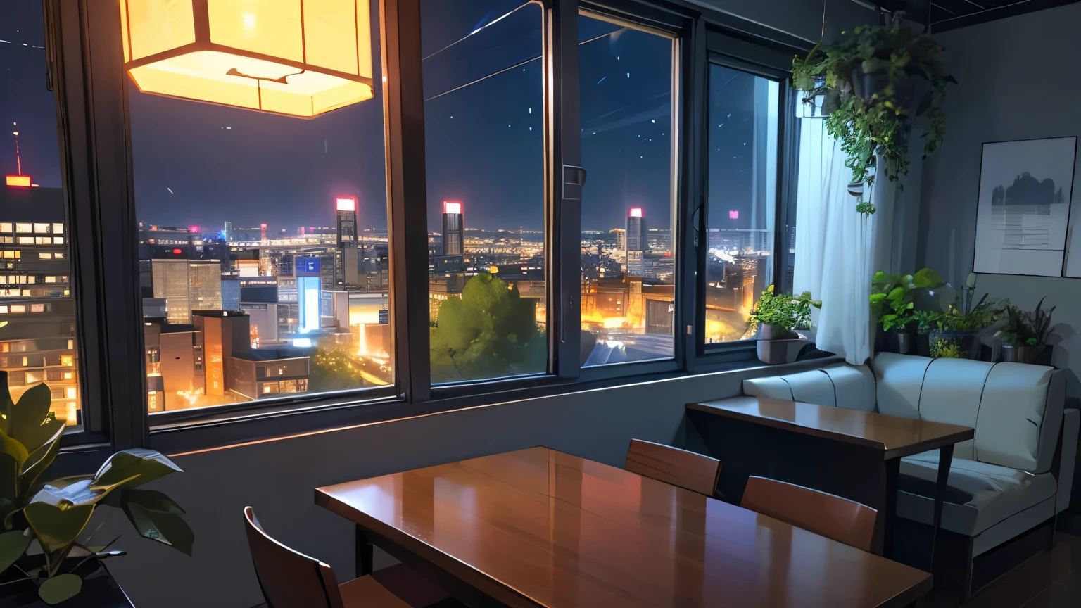 High level of image quality、Dining table at home,Warmth,clean,Green plants,Simple,Head-up,City,The city outside the window,night