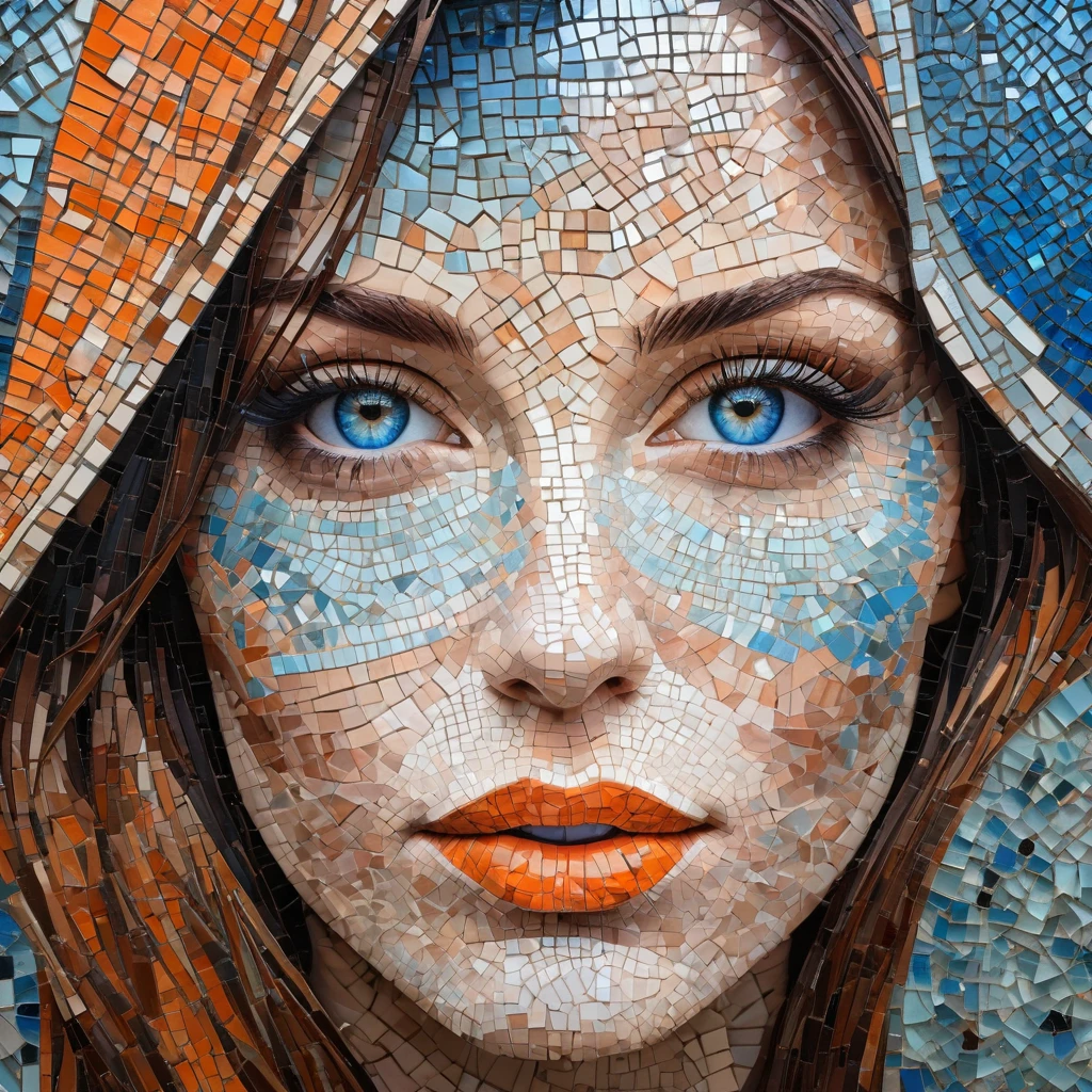 A close-up portrait of a woman's face in a mosaic collage style. The woman is facing forward symmetrically with her blue eyes being the most detailed, making direct contact with the viewer. Her skin is depicted with warm tones of orange and brown, contrasting with cool tones of blue and gray in the shards. The geometric shapes composing her face resemble shattered glass or tiles, with dynamic textures and varied colors. Her lips are slightly parted, in a soft pink hue, adding a natural touch to the abstract and angular composition.