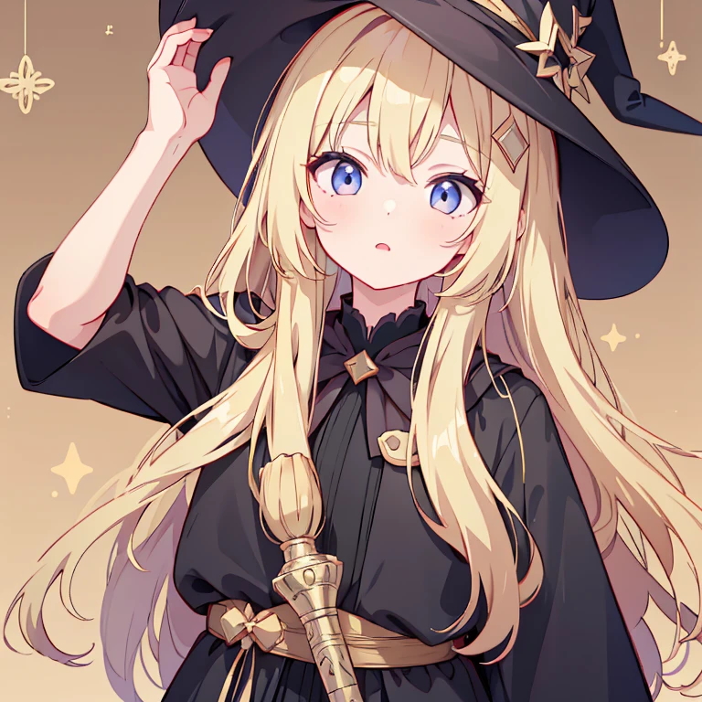 A young girl 、Long wavy blonde hair、Face close-up、Beautiful eyes with attention to detail、Black robe、Wearing a witch's hat、Carrying a walking stick、Geometric pattern background