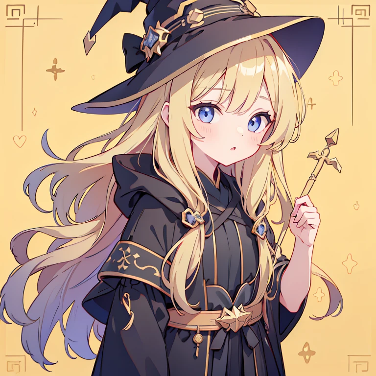 A young girl around 12 years old、Long wavy blonde hair、Face close-up、Beautiful eyes with attention to detail、Black robe、Wearing a witch's hat、Carrying a walking stick、Geometric pattern background