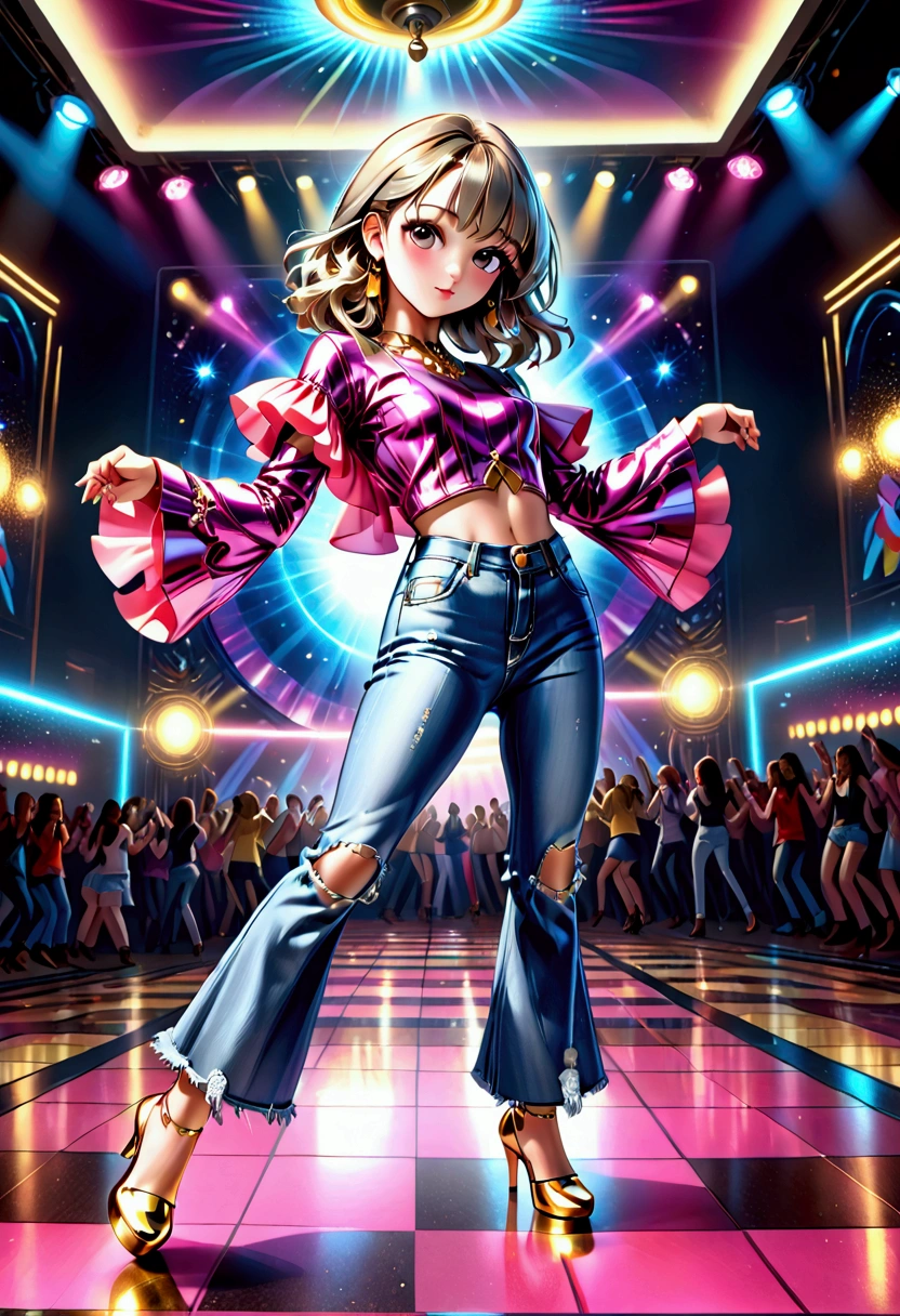 a girl dancing on a bright disco dance floor, beautiful detailed eyes, beautiful detailed lips, extremely detailed eyes and face, longeyelashes, gray and pink style outfit, bell bottom jeans, gold platform heels, dancing to music, (best quality,4k,8k,highres,masterpiece:1.2),ultra-detailed,(realistic,photorealistic,photo-realistic:1.37),vibrant colors,dramatic lighting,disco,neon lights