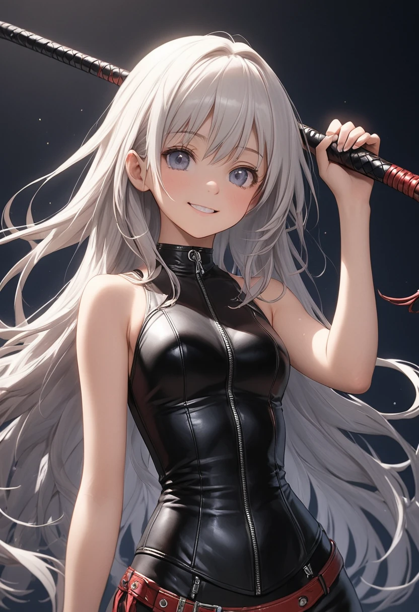 (((Pixel Perfect,Perfect in every detail))), A girl ,smile,Leather costume,NSWF,A cute leather whip,whip,cinematic,whipを手に持っている,