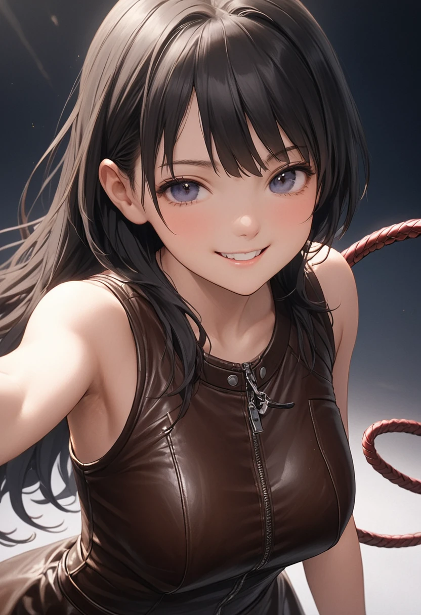 (((Pixel Perfect,Perfect in every detail))), A girl around 15 years old,smile,Leather costume,NSWF,A cute leather whip,whip,cinematic,whipを手に持っている,