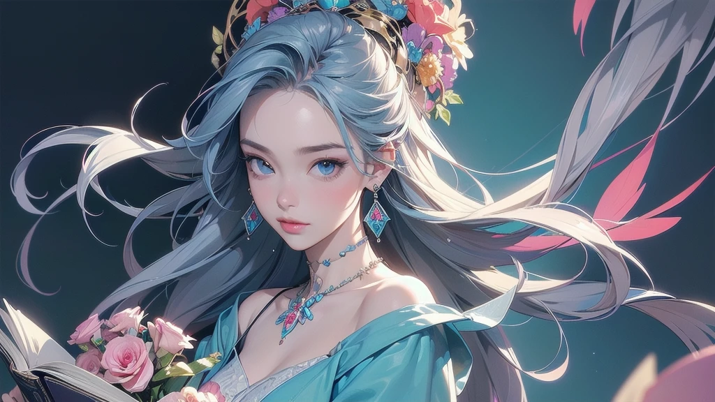 32K, 最高quality, 最高masterpiece, (ultra-Detailed Background, Detailed Background), High resolution, Super detailed, Very detailedな, One girl, (bouquet:1.3), (Tangled:1.2), (Geometric:1.2),(colorful),(masterpiece, quality, best quality, Official Art, Beautiful and beautiful:1.2), (1 girl:1.3), Very detailed,(colorful:1.1)(Flowers:1.3),Most detailed,(Tangled:1.2), whole body, (Abstract background:1.3), (Skin glows), (Many colors:1.4), ,(Earrings Jewelry:1.5), Light Blue Background, I read a book, Holding a pen,
