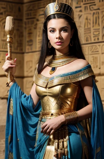 Masterpiece、wallpaper、8k、Raw photo。Beautiful photo of Vivien Leigh in ancient Egyptian costume。She was an ancient Egyptian queen、In the guise of Cleopatra、Wearing a snake-shaped crown on his head、She wears a gorgeous costume decorated with gold.。She had a calm look on her face.、Holding a long stick in his right hand、In his left hand he holds a symbolic tool resembling an ankh。In the background、Ancient stone wall with Egyptian murals carved into it。overall、The gold and blue colour scheme, which is symbolic of Egyptian culture, is used.、Her dignity and mysterious aura is emphasized.。The stone wall in the background is engraved with ancient Egyptian hieroglyphics.、Her outfit features traditional Egyptian patterns.。Her hair is dark、It is finely woven、Decorated with luxurious accessories。