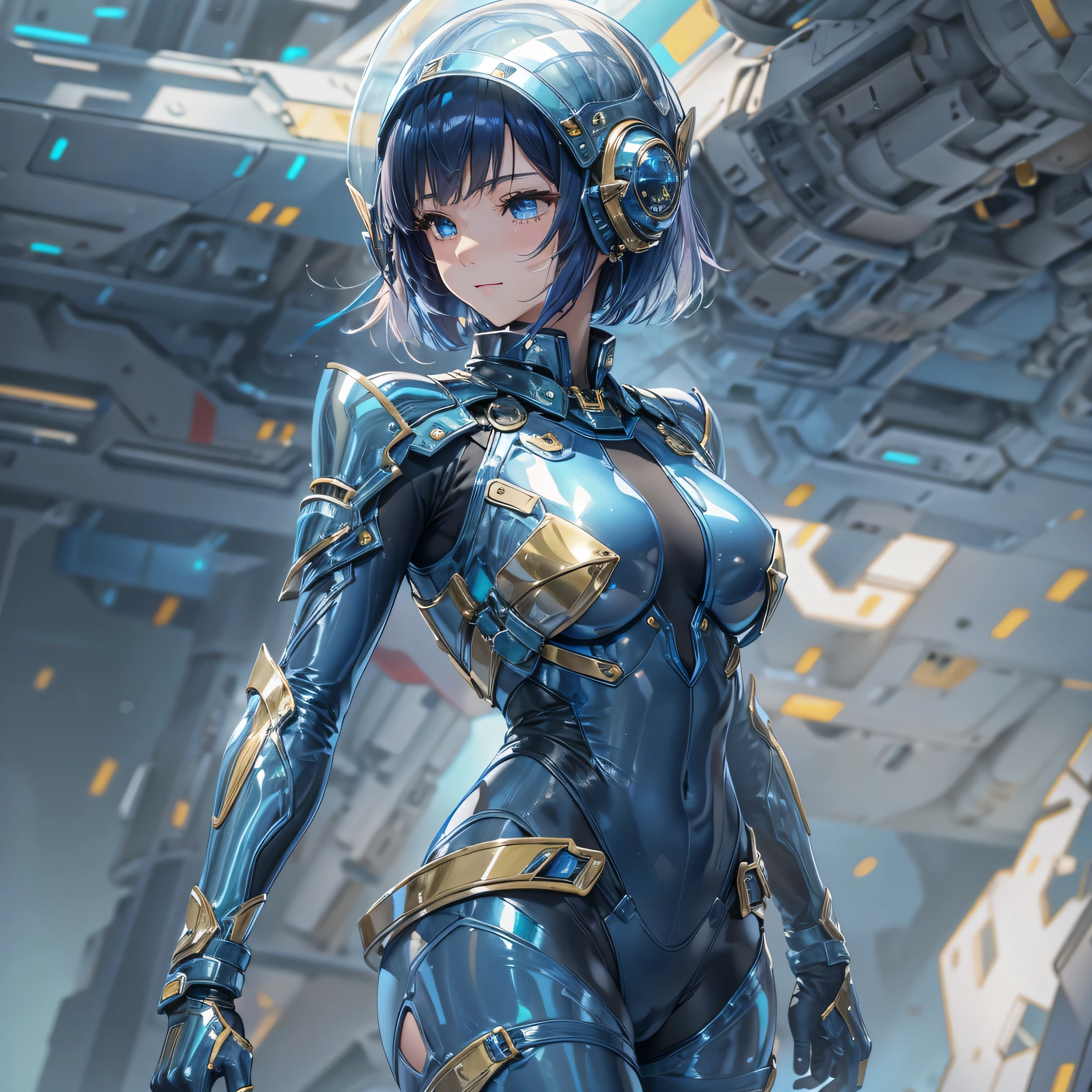 ((Holographic glow effect)),、(masterpiece、Highest quality、Highest Resolution、Clear_image、Detailed details、Angle from above): (Whole body、One 20 year old girl、Japanese Faces、Small Face、Slender、Navy blue super short bob cut hair、(Hidden small breasts:1.3)、Sparkling blue eyes、Shiny pilot suit in blue and black colors、Chest protection armor、Tight fitting clothes、Clothing that covers the whole body、Glamorous clothes、Tight Fit Pants、Hide your skin、Very delicate and beautiful、Detailed Skin、hide thighs、Hide your ass、Cute、A gentle smile、Soft expression、heroine、headset、Knee-high boots、Elbow-length gloves、Eye Level Shot、Face directly、Woman on a spaceship)