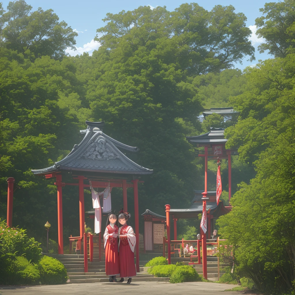 Fumikane Shimada、panorama、Amazing visuals、A shrine and a vermilion torii gate in the background、Fushimi Inari Shrine、The sea and pine forest can be seen in the background.、Mysterious Shrine Maiden、A fairy-like shrine maiden、long and clean hair、Dynamic Colors、Delicate expression、Shrine maiden dancing Kagura dance、Offer a prayer、Golden Eyes、Iridescent iris、Beautiful woman、Girl Shrine Maiden、angel&#39;s Ladder to Illuminate the Girl