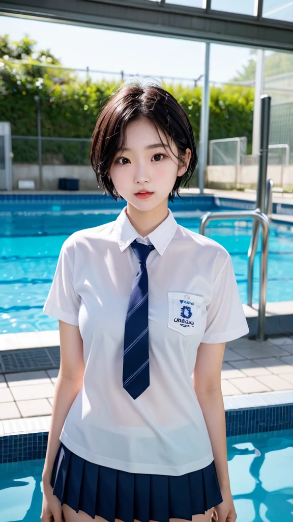 One Girl、cute、18-year-old、The chest is large、Slender body、Round-faced Japanese woman、short hair、Wet school uniform、The eyes are large、whole body、Background is by the school pool、
