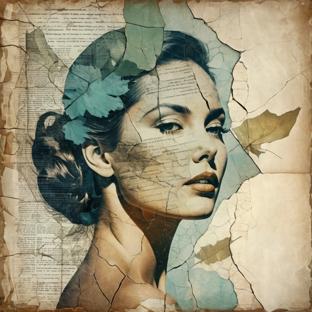 A beautiful woman, double exposure, surreal artwork, printed on cracked paper, artful, aesthetic, muted color scheme, unusual, vintage feel