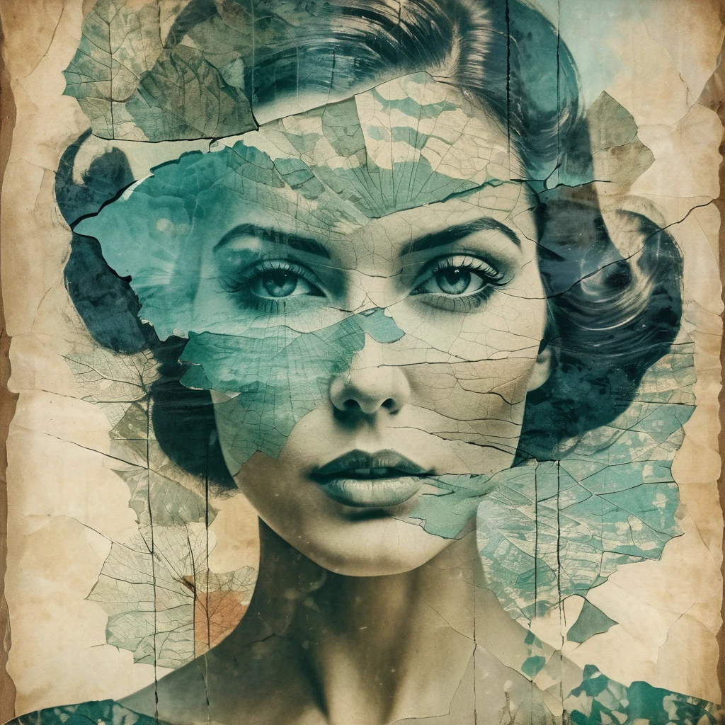 A beautiful woman, double exposure, surreal artwork, printed on cracked paper, artful, aesthetic, muted color scheme, unusual, vintage feel