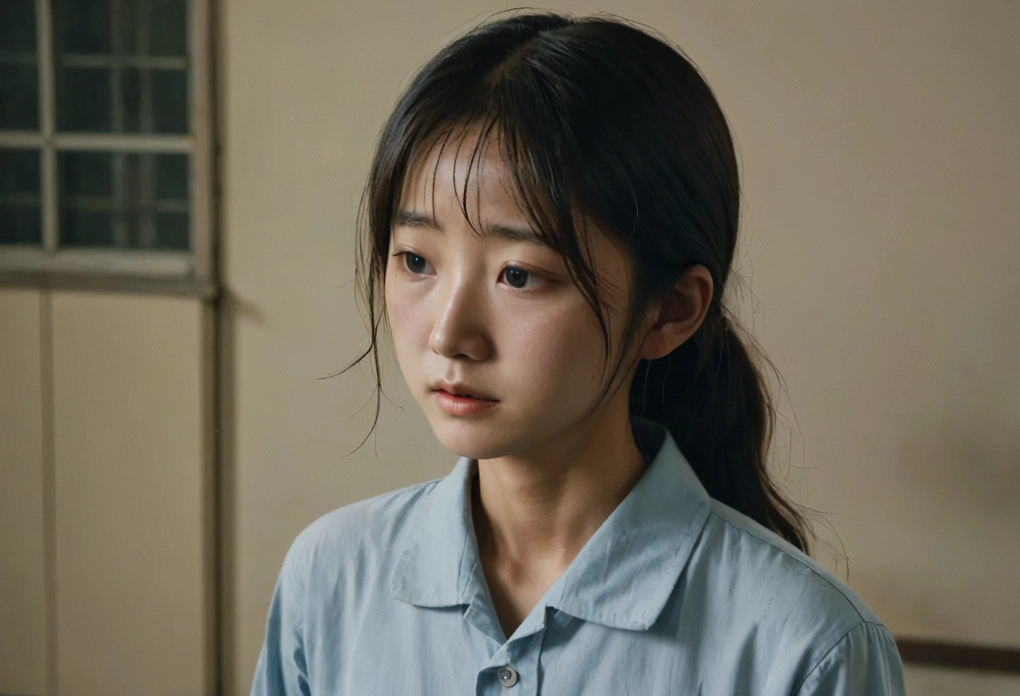 A distressed -yeld Kon girl with her head bowed in a dark room