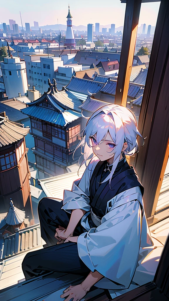 An effeminate Russian man with shoulder-length white disheveled white hair, purple eyes and a slight smile. He's sitting on the roof, tall. around the morning, the Japanese city of Yokohama
