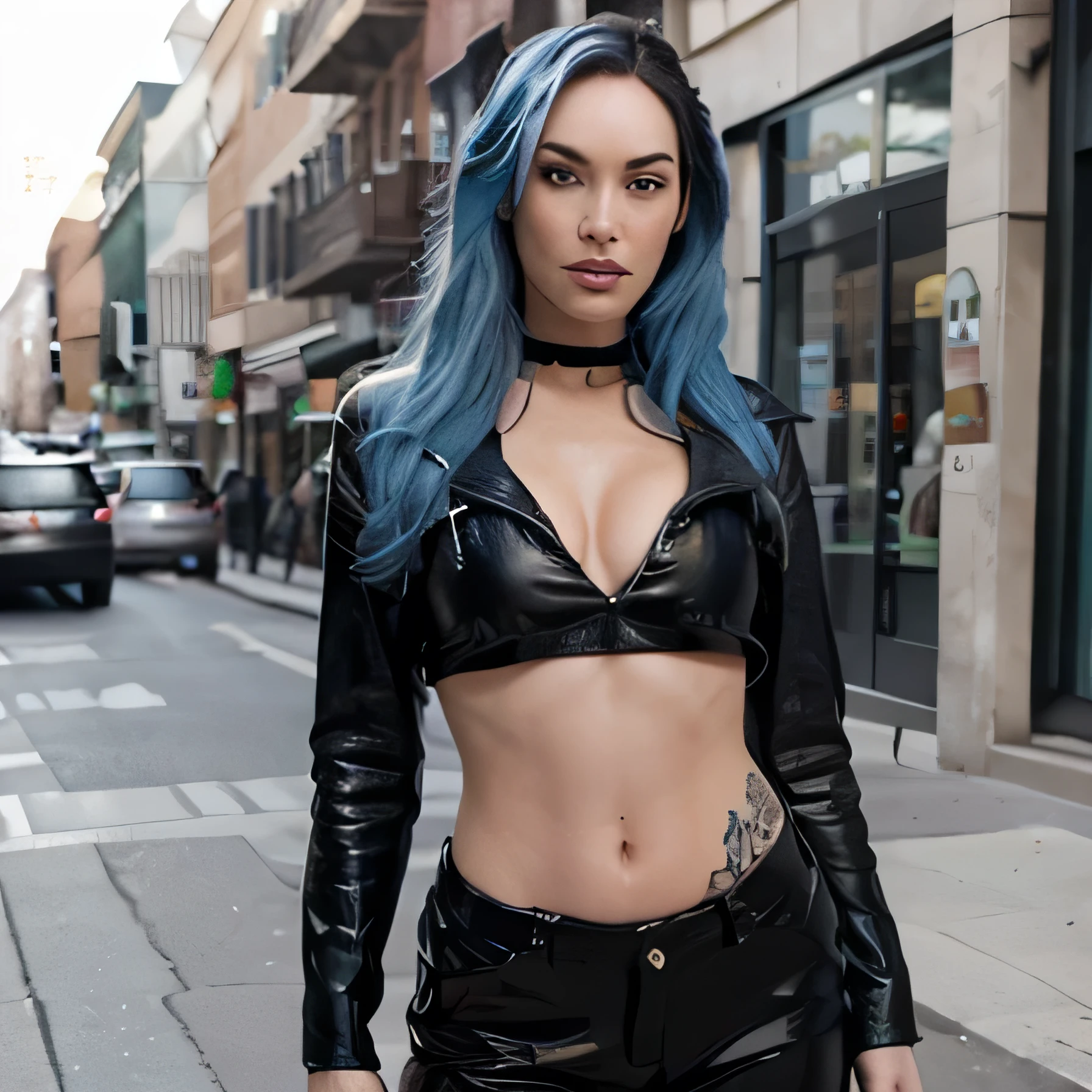 Megan Fox as long blue hair sexy leather crop top in street