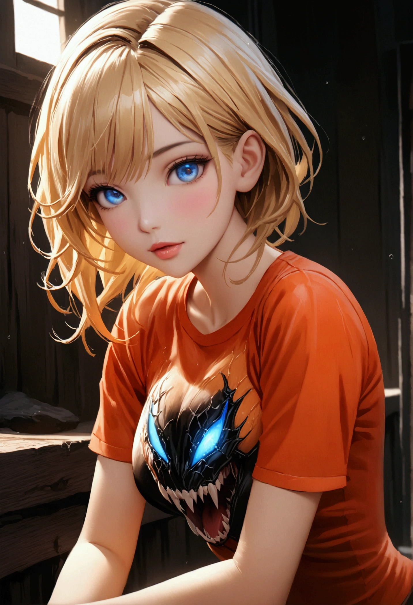 atmosphere oily rainy style animation 2.5D manga niji6 strong strokes art oil paint super details in art jinx blonde sexy + venom girl in tight tight ripped red orange Neon tshirt with big blue eyes with black tomoi in style reality photo realism maximum quality details super perfection state-of-the-art graphics