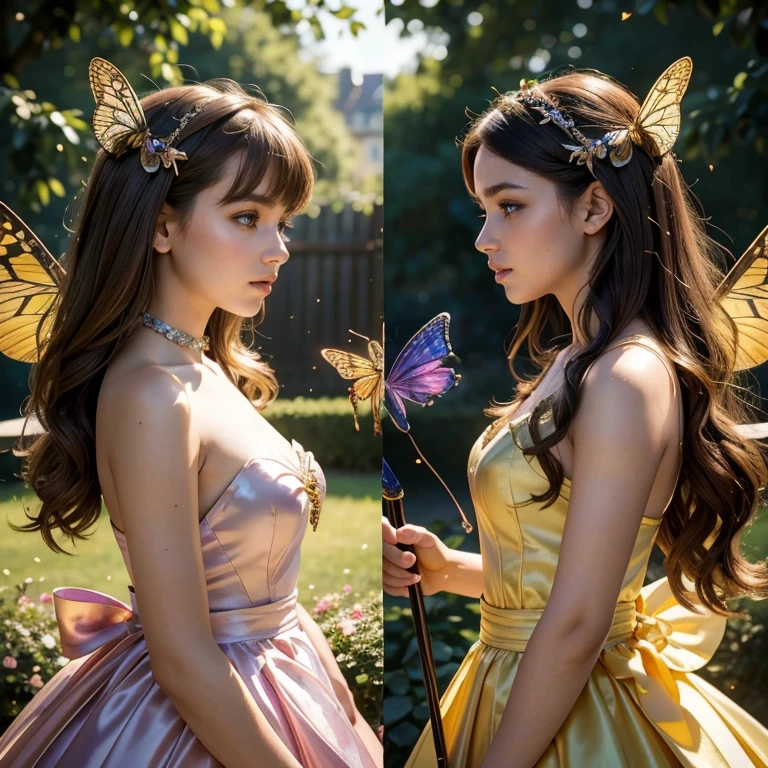 (​masterpiece, best quality:1.5), highest quality, High resolution, super detailed, Realists, Upper body photo of a brunette 14-year-old magical girl, detailed and beautiful eyes, beautiful detailed lips, very detailed eyes and face, longeyelashes, shiny satin dress, Holding a magic wand in your hand, Cast a transformation spell, surrounded by birds, The wasps turn into butterflies, Glowing wands available,Beautiful and colorful makeup, elegant and noble々The jewelry bag, Gardens as background, soft daylight, bright colors, fine brushstrokes, Portrait style, Silk dress fabric, beautiful color palette, glowing skin, First-class rendering, that captures every detail, enchanting atmosphere, subtle shadows and lights, (perfect anatomy:1.2), (The two stunning 14 and 12 year old Magical Girls transform wasps into butterflies. (a transformation with the magic wand:1.4), (magnificent panorama view:1.2)