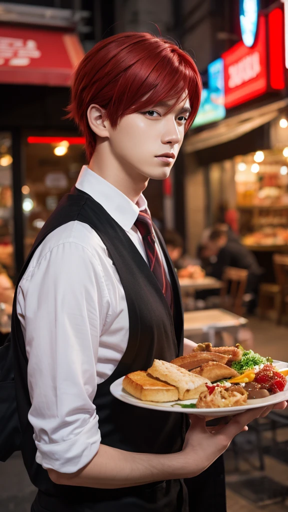 Red hair, Character portrait, Food, Background blur, Anime Style, Character Design, male,