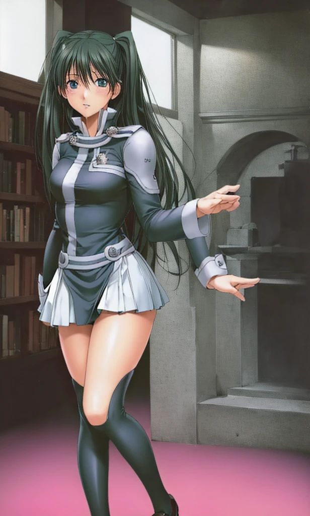 Beautiful-legged twin-tailed Lenalee is standing in the library wearing a miniskirt uniform and knee-high socks.。