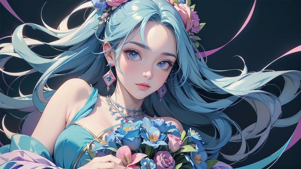 32K, 最高quality, 最高masterpiece, (ultra-Detailed Background, Detailed Background), High resolution, Super detailed, Very detailedな, One girl, (bouquet:1.3), (Tangled:1.2), (Geometric:1.2),(colorful),(masterpiece, quality, best quality, Official Art, Beautiful and beautiful:1.2), (1 girl:1.3), Very detailed,(colorful:1.1)(Flowers:1.3),Most detailed,(Tangled:1.2), whole body, (Abstract background:1.3), (Skin glows), (Many colors:1.4), ,(Earrings Jewelry:1.5), Light Blue Background, I read a book, Holding a pen,