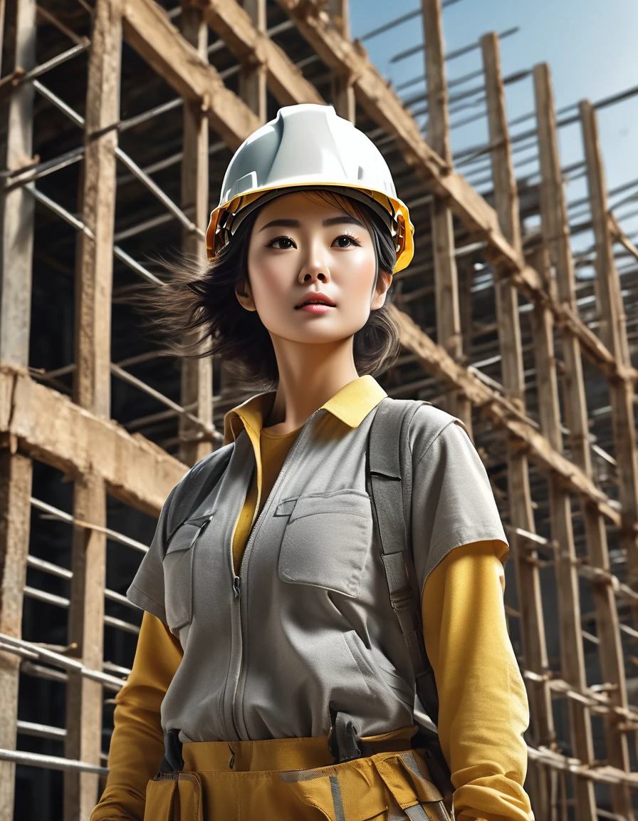 top of construction site made of Steel bars and concrete, masterpiece, top quality, highly detailed illustration, incredibly delicate and beautiful,8K,A Beautiful Asian woman dressed in work clothes is standing at the construction site,short hair,lash extension,((She is carrying a Steel bars on her shoulder and supporting it with both hands)),ultra-detailed face,detailed eyes,The woman is wearing a yellow helmet,Focus on the woman,Sweat,Serious,rim light,Low Angle