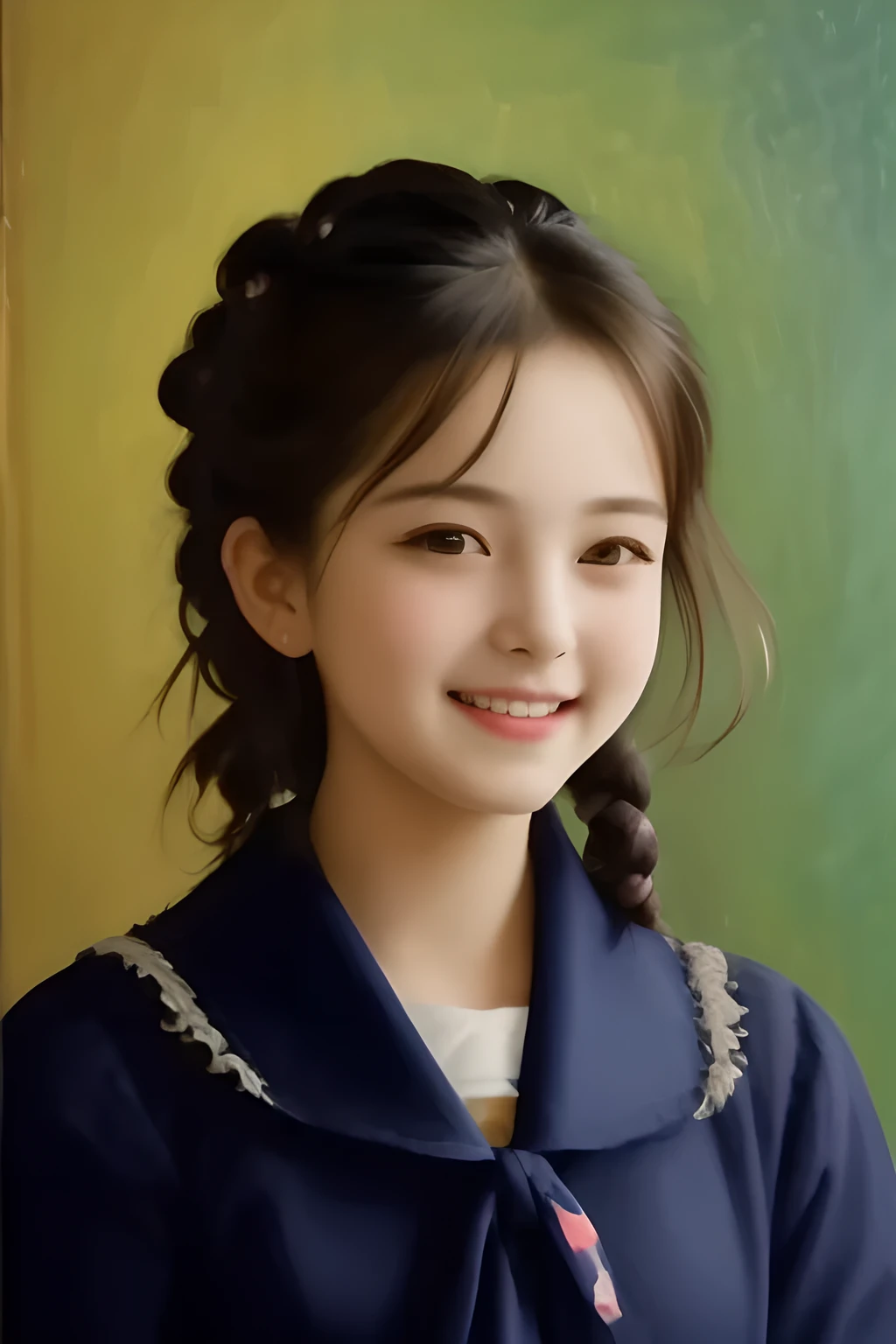 (highest quality, masterpiece, high resolution:1.2), 4K, (Paintings by Vigée Leblanc: 1.4) , (carefully detailed face), geometry, Laughing cutely, (Navy-colored neat school uniform), (high school class room)