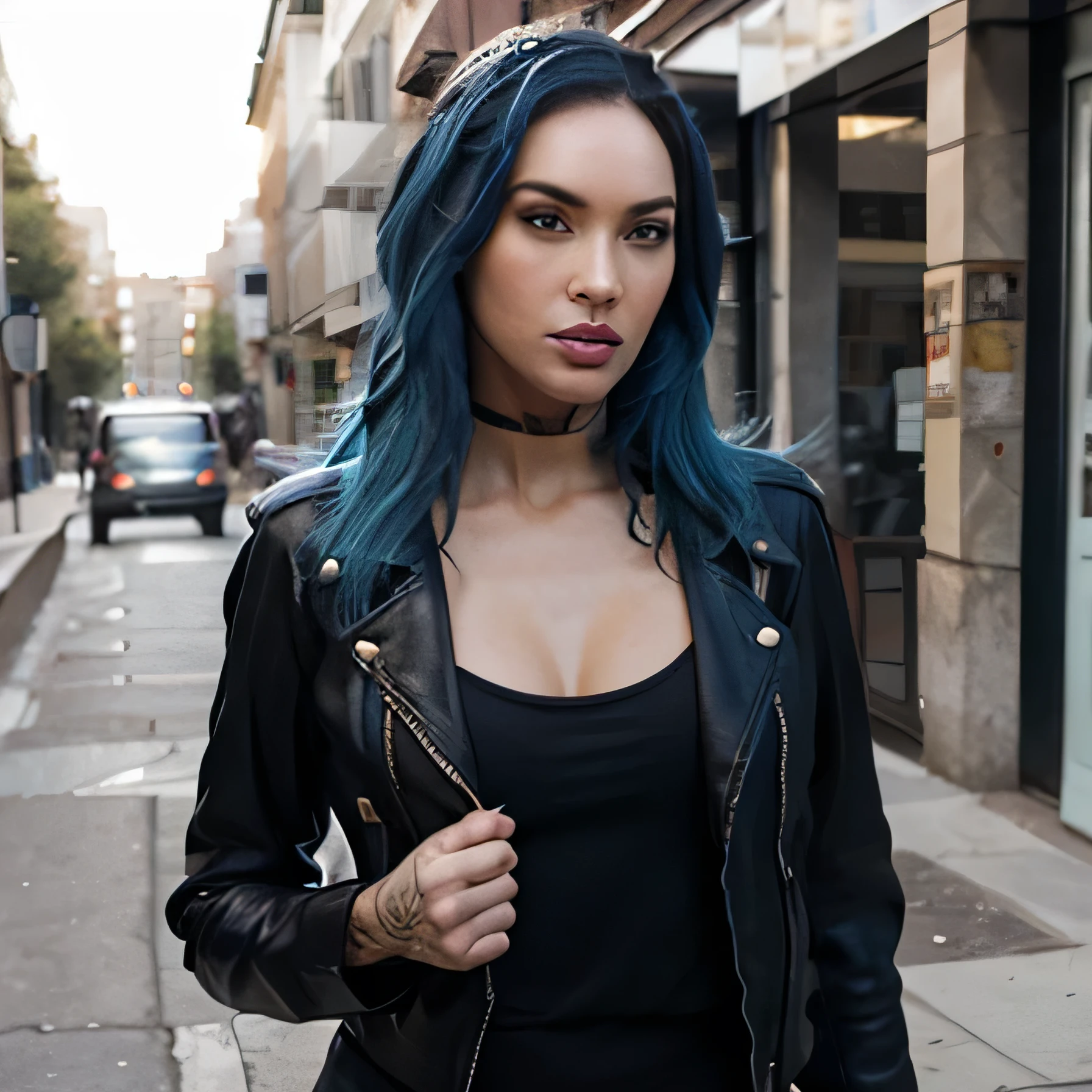 Megan Fox as long blue hair sexy leather jacket in street